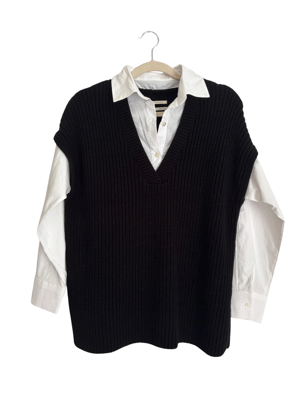 Anthropologie Women’s Black V-Neck Knit Sweater Vest with Built In Dress Shirt